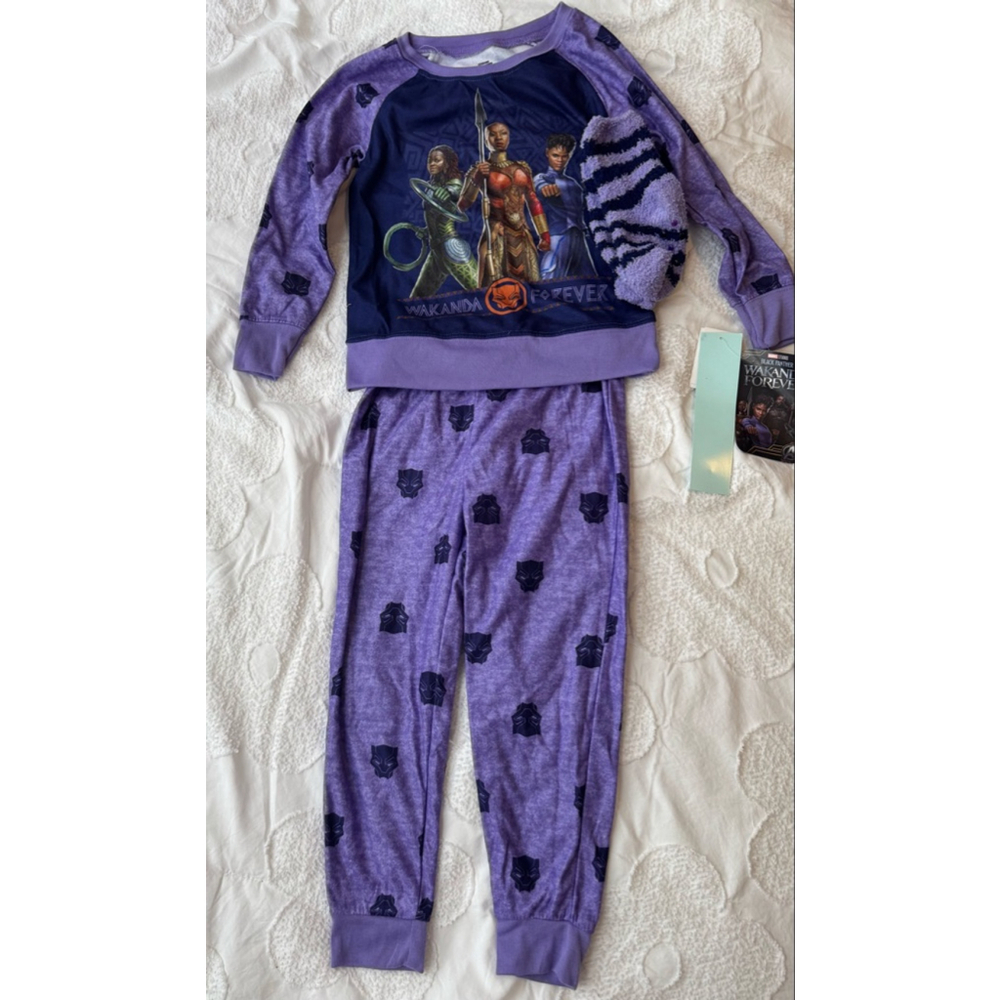 Girls Marvel Black Panther Wakanda Forever Pajama Set XS (4/5) Purple Black